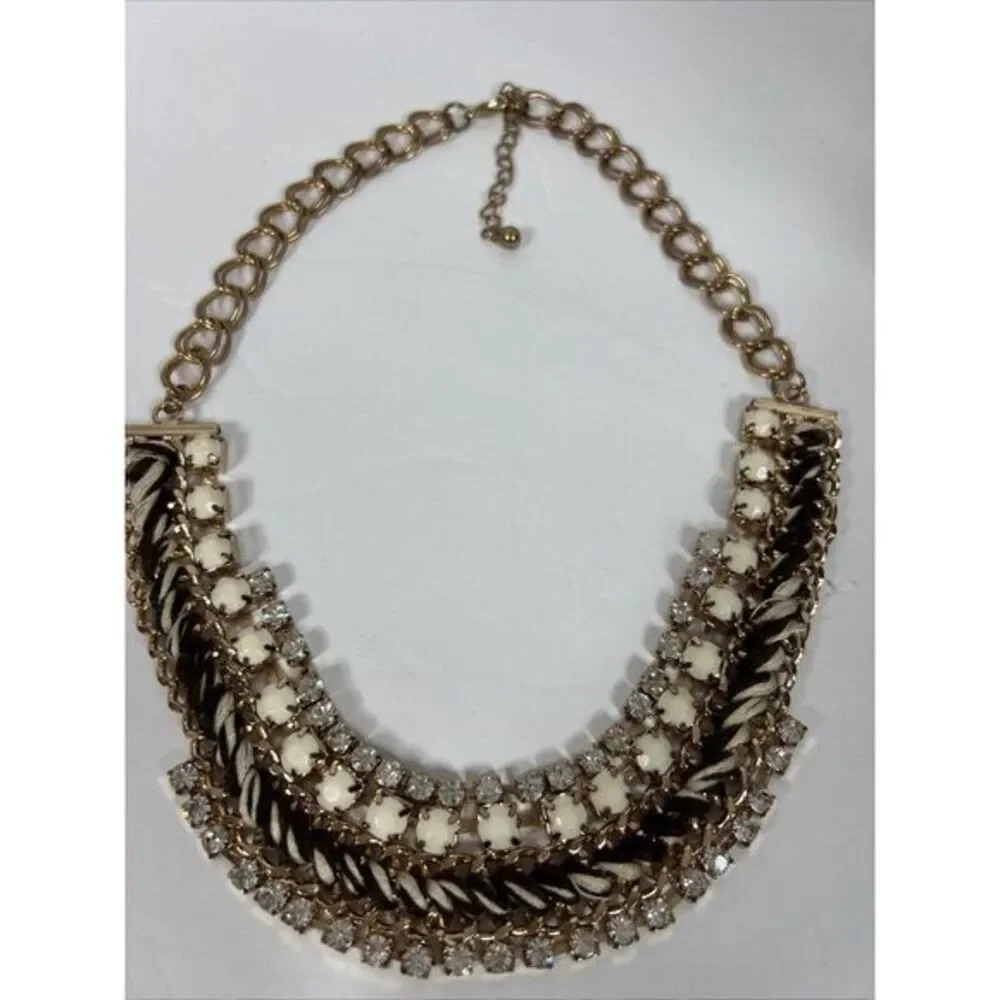Ann Taylor‎ LOFT Women's Beige&Brown Ribbon Gold Link Crystal  Fan Necklace